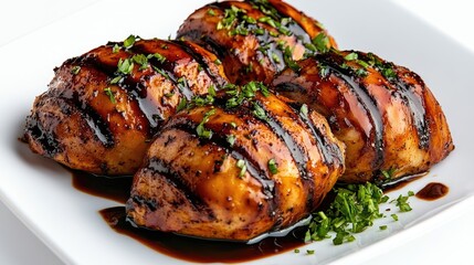 Juicy grilled quail with a balsamic reduction glaze on an absolutely white background.