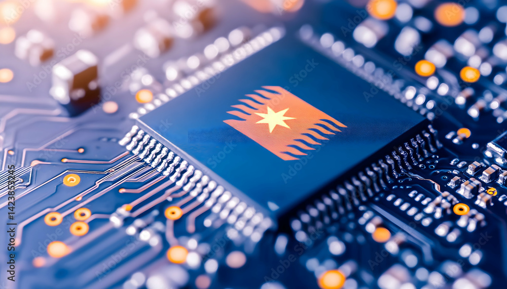 Aufkleber close-up of a microchip with a stylized flame and star design on a circuit board