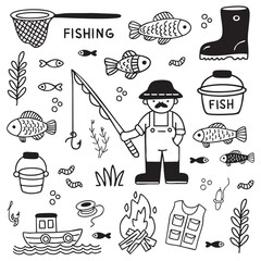 Set of Hand Drawn Fishing Doodles Vector Element. Fishing doodle tool and equipment objects