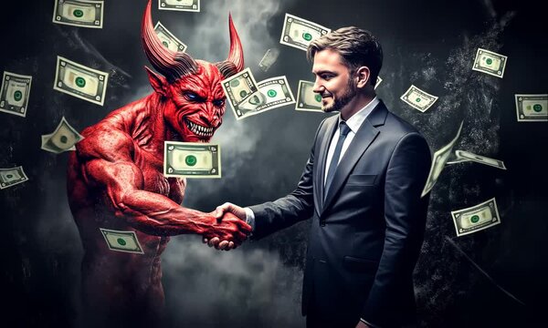 A Businessman Shakes Hands with a Red Horned Devil, with Falling Dollar in the Background. Symbolizes Temptation, Corruption, Greed and Betrayal