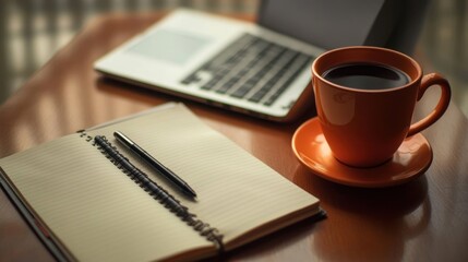 Morning Workflow, Laptop, Notepad, and Coffee on Wooden Desk for Productivity