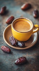 Yellow coffee cup saucer with dark dates still life composition close up shot