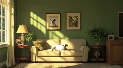 Warm living room scene with green walls, calm dog on neutral sofa, soft light, side table and personal touches, room for text