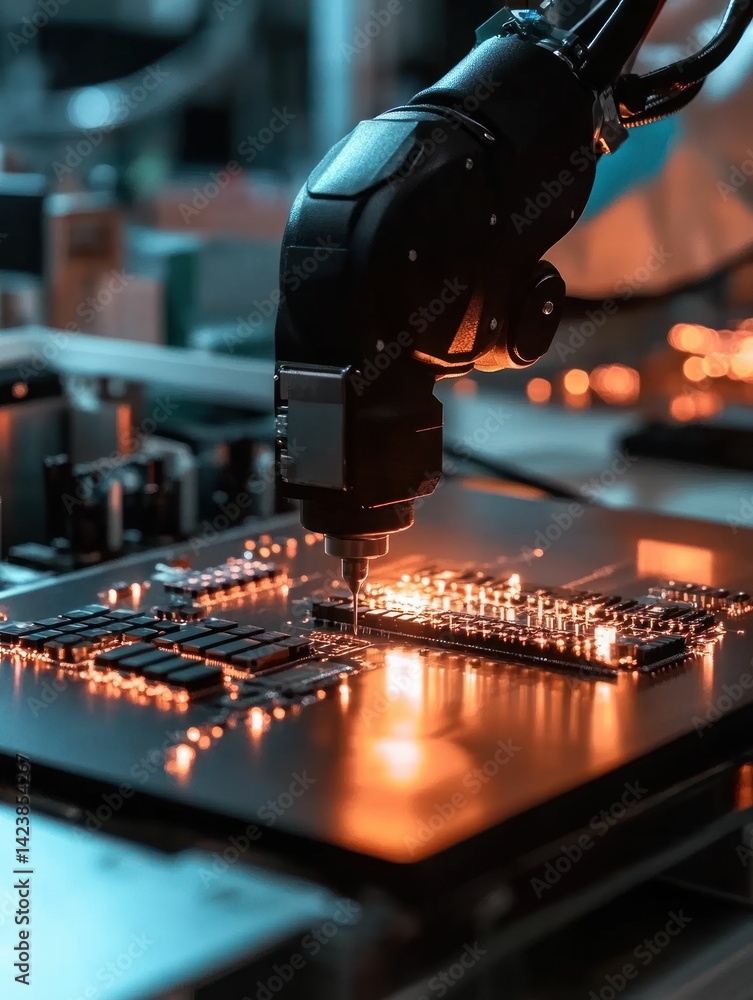 Poster automated precision: robotic arm assembling a complex microcircuit board with glowing elements