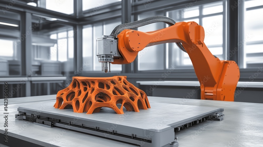 Poster robotic arm operating a d printer producing precise parts layer by layer in a tech environment