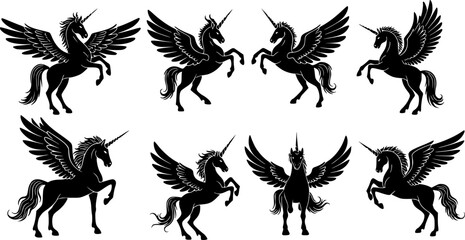 Naklejka premium The mythological animal Pegasus, a winged flying horse from Greek myth, is commonly used as a heraldic design element in a coat of arms, typically illustrated in a vintage style and posed rampant as