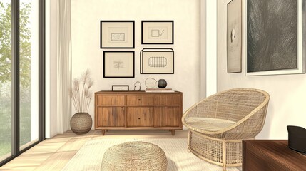 Warm minimalist design with rattan armchair, vintage wood commode, mock frames on the wall and tasteful accessories in a modern home