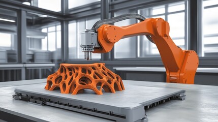 Robotic arm operating a D printer producing precise parts layer by layer in a tech environment