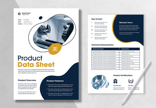 Modern Industrial Product Data Sheet Template for Technical Specifica