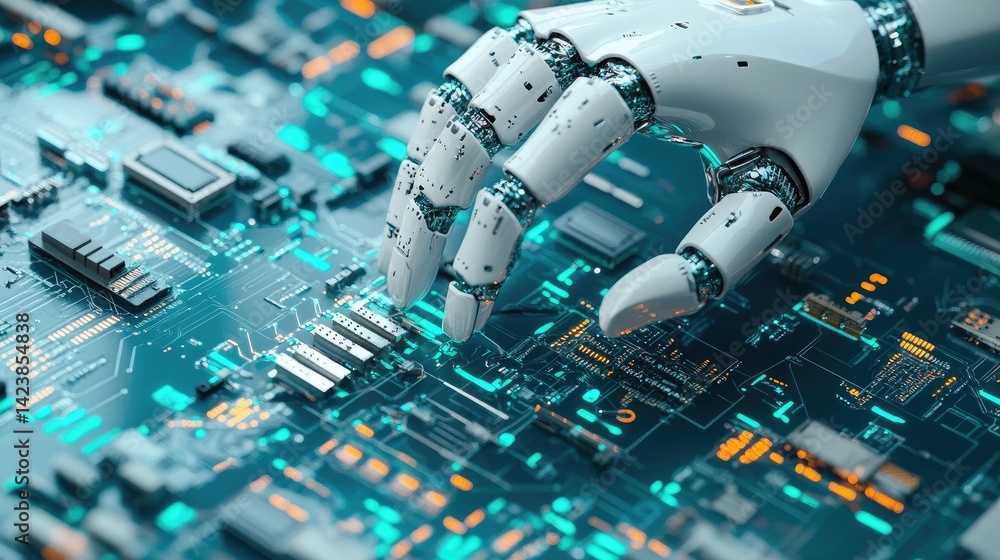 Poster robotic hand assembling delicate electronics on a fast-paced, static-safe production surface