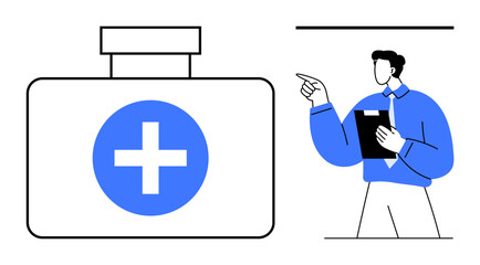 Large first aid kit with blue cross beside professional holding clipboard and pointing. Ideal for healthcare, emergency, medical training, first aid, safety, preparedness, consulting. Flat simple