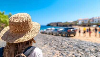 Fototapeta premium Woman in straw hat walks towards a beach with parked cars and people