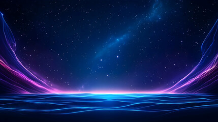 Abstract cosmic landscape with glowing neon lines and starry night sky
