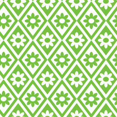 Retro Flowers on green and white argyle diamond shapes seamless pattern. For wallpaper, home d&eacute;cor and textile