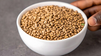 Obraz premium Unroasted coffee beans in a white bowl, held by a hand