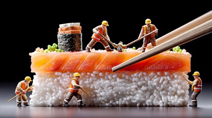 Sushi art tiny workers creating delicacies at the kitchen table