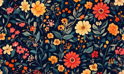 Seamless floral pattern with colorful flowers blooming on dark background