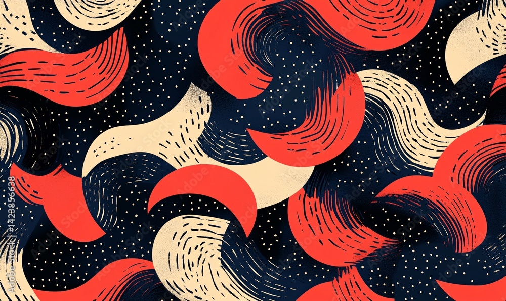 Poster abstract seamless pattern with red and beige brush strokes on dark blue background