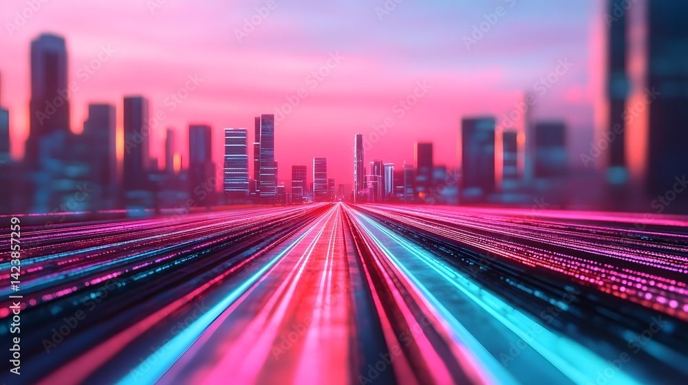 Poster futuristic cityscape with interconnected digital data streams representing global 5g and