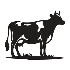 Black and White Cow Silhouette Standing on Grass, Farm Animal Vector Illustration
