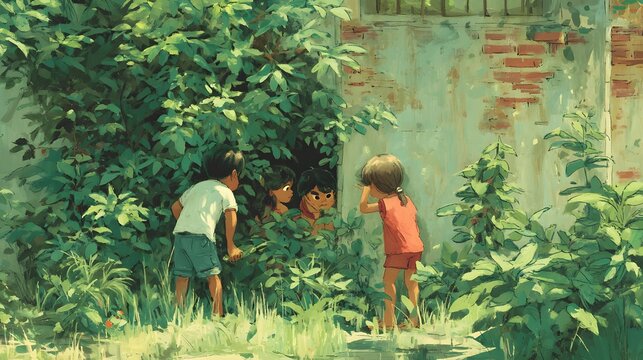 Children playing hide and seek in lush green backyard adventure scene