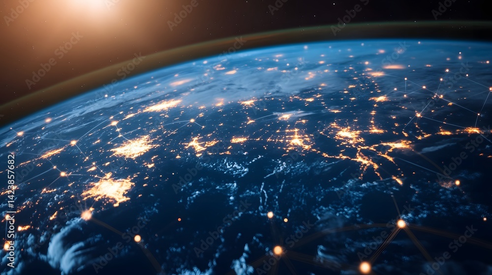 Poster glowing global network nodes illuminating the earth from space