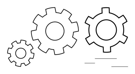 Three interlocking gears of different sizes moving together symbolizing cooperation, mechanism, optimization, teamwork, development, production, and innovation. Ideal for conceptual ideas, process