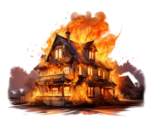 Elegant Depiction of a Burning House with Intricate Details in a Gorgias Style on transparent background