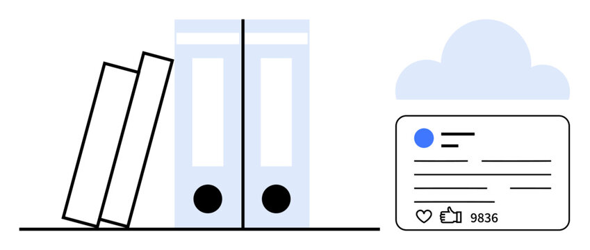 Stack of books, binders, cloud icon, and social media post with thumbs ups highlight themes of document storage, cloud computing, and digital engagement. Ideal for work, education, tech content