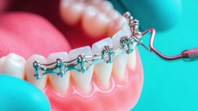 Detailed Close-Up of Orthodontic Braces on Human Teeth with Hands Applying Adjustment Tools for Dental Treatment