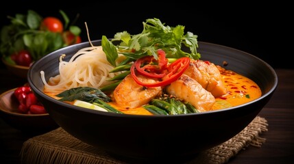 Close-up of Khanom Jeen Nam Ya Kati in a bowl