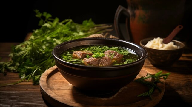 Soup Neua on a Rustic Wooden Table