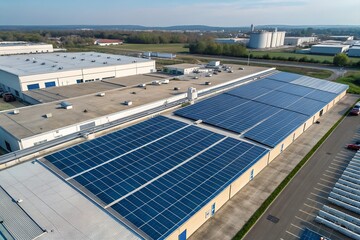 Aerial view of solar panels on factory roof. Blue shiny solar photo voltaic panels system product