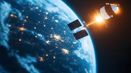 Satellite Orbiting Earth with Glowing Data Transmission Network Overlay