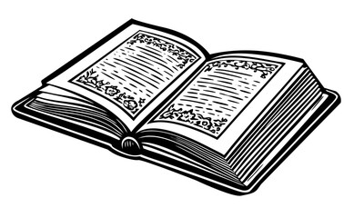 Vintage Open Book Illustration in Black and White – Antique Pages and Classic Binding Drawing in Retro Engraving or Woodcut Style for Literature, Knowledge, and Education Themes