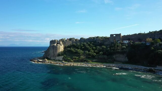 The ancient citadel of Koroni perched on the hill in Europe, Greece, Peloponnese, Mani, in summer, on a sunny day.&nbsp;