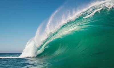 Massive teal ocean wave cresting and spraying water against a clear blue sky. Powerful and beautiful force of nature theme. Surfing and water sport concept.