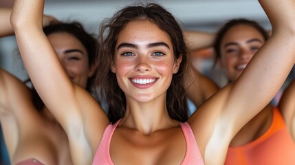 Three happy women in activewear, posing
