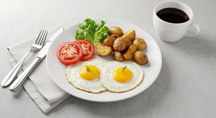 A breakfast plate with fried eggs potatoes tomato lettuce and a cup of dark black coffee drink