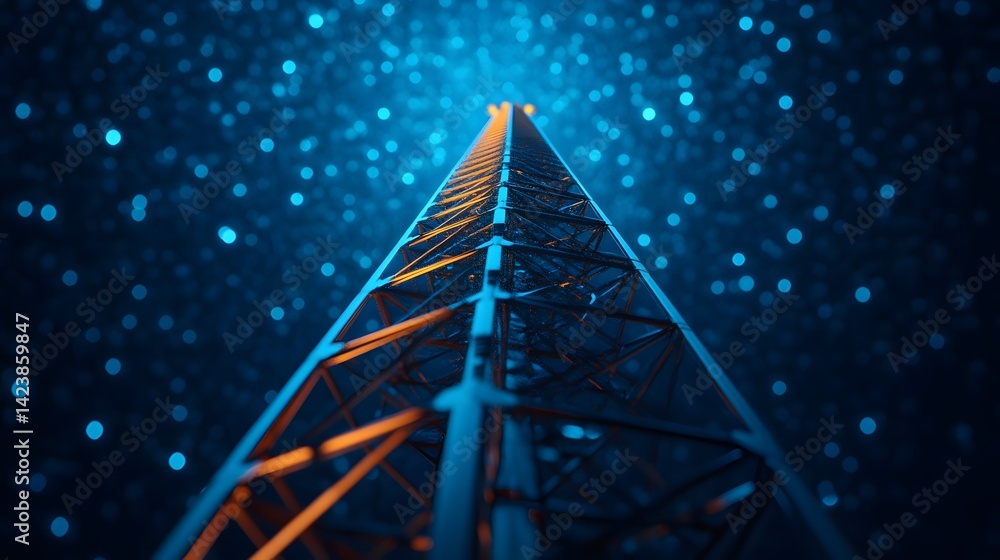 Poster telecommunication tower in digital sky symbolizing fast mobile networks