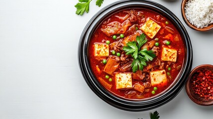 Spicy Korean kimchi jjigae stew with tofu and pork belly on an immaculately white background.