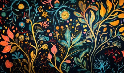 Colorful floral pattern blooming on dark background