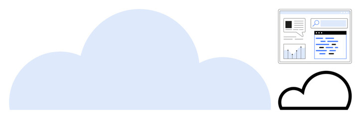 Large cloud shape paired with a smaller outlined cloud and interface showing analytics, graphs, and search. Ideal for cloud computing, analytics, data storage, technology, interface design, digital