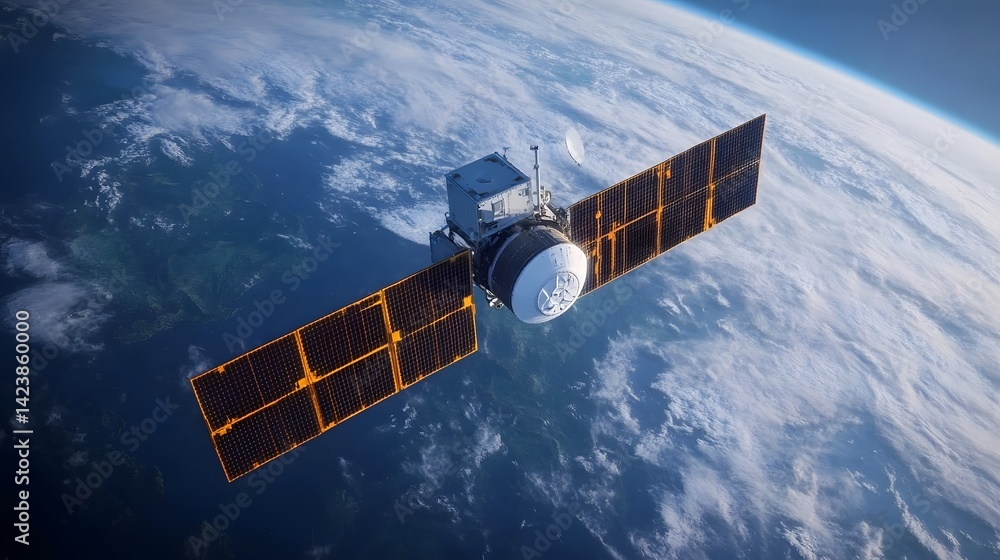 Poster satellite orbiting earth sending signals for space-based communication and internet services