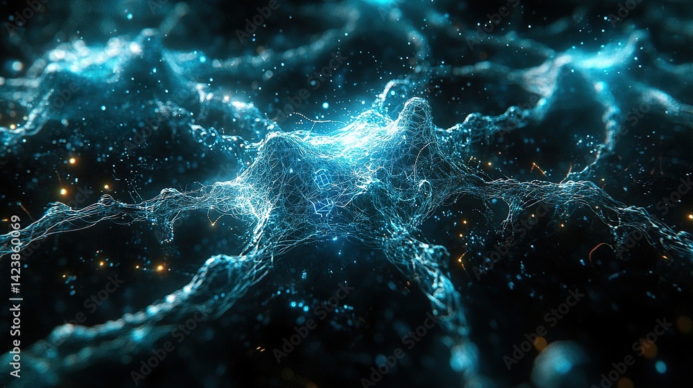Poster abstract digital artwork depicting glowing neural networks and c