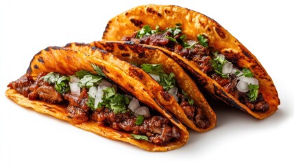 Spicy Mexican birria tacos with consommÃ© dipping sauce on an absolutely white background.