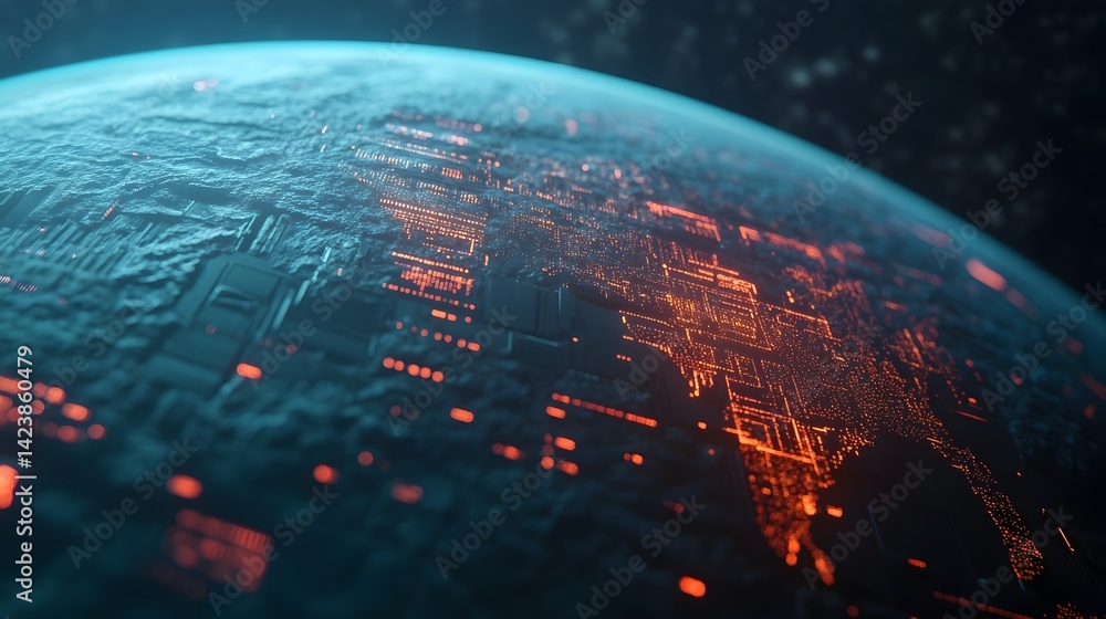 Poster futuristic ai-powered global communication grid overlaying the planet