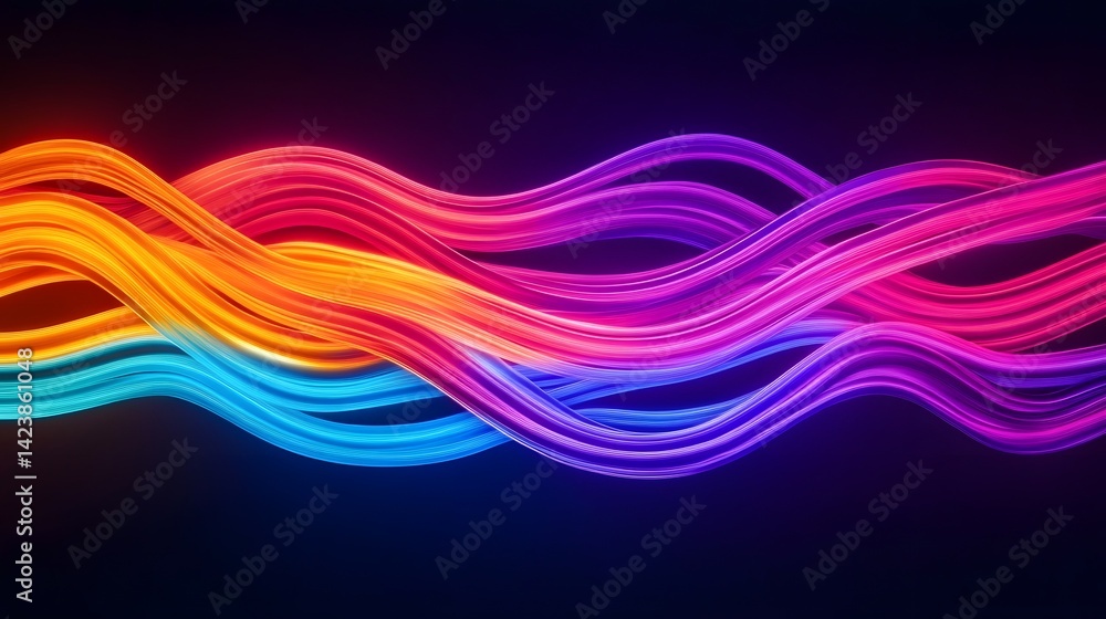 Poster neon-lit fiber optic cables forming dynamic abstract pattern symbolizing digital networks