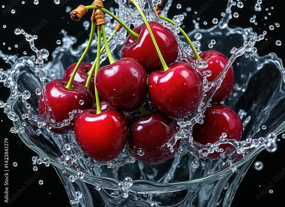 Poster fresh cherries splash in water, creating dynamic motion against a dark background, highlighting thei