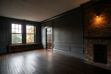 Elegant interior space with dark walls wood floors and brick fireplace